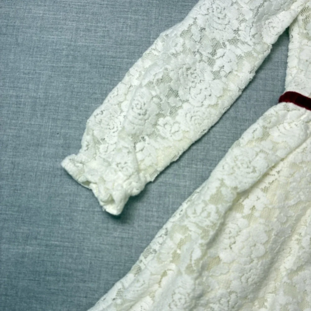 Janie and Jack Baby Girls Ivory Lace Long Sleeved Dress Red Bow 18-24 Months